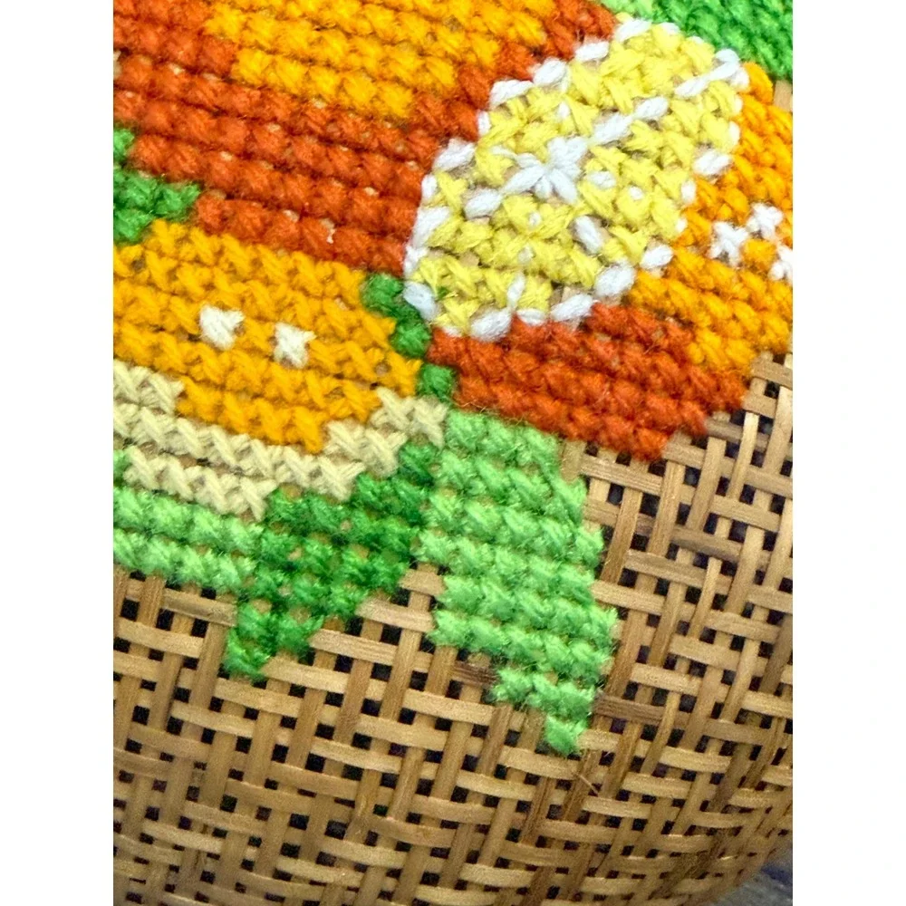 Vintage Woven Rattan Basket Yarn Embroidered Floral Folk Art Boho Wall Decor